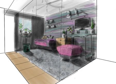 Interior of the room in a country house, in a cottage, in a villa, in a barn. Picture of a beautiful cozy room for an interior design project.の写真素材