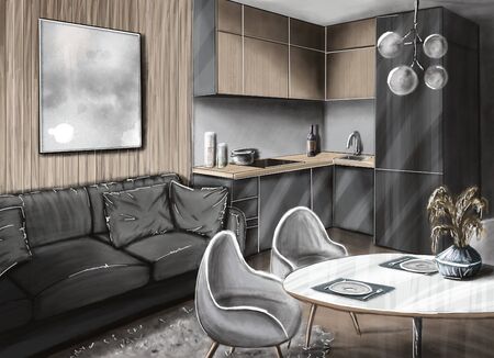 3d illustration - interior for design project. The interior of a cozy room, office space, kitchen, bedroom, toilet room, bathroom, living room - in an apartment, in a country house, in a cottage, in a castle, in a villa, in a barn, in a hut , in a cave, in a dugout.の写真素材