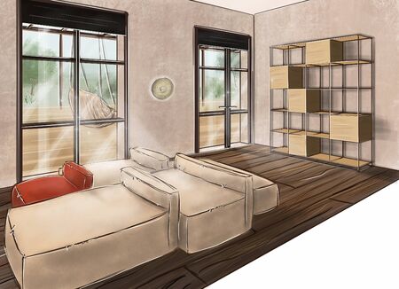 The interior of a cozy bedroom. Romance, beautiful views, excellent linens. The pleasure of privacy.  3dの写真素材
