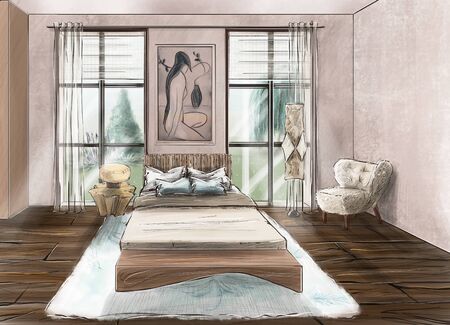 The interior of a cozy bedroom. Romance, beautiful views, excellent linens. The pleasure of privacy. 3dの写真素材