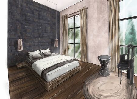 The interior of a cozy bedroom. Romance, beautiful views, excellent linens. The pleasure of privacy. illustration 3dの写真素材