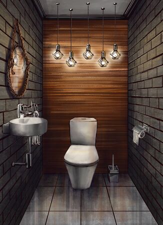 Bathroom and toilet in a modern apartment. Picture on the door. Visualization Stylish interior. Illustration 3d - interior of residential premises for design project.の写真素材