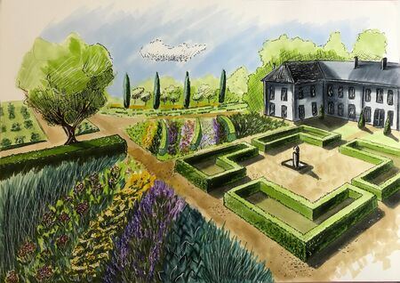 Landscape architecture design plan in the courtyard of the villa, country house, in the country. Visualization drawing picture sketch, 3d illustration - chic personal garden for a project design.の写真素材