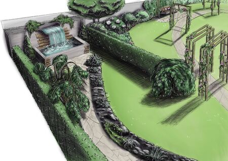 Landscape architecture design plan in the courtyard of the villa, country house, in the country. Visualization drawing picture sketch, 3d illustration - chic personal garden for a project design.の写真素材