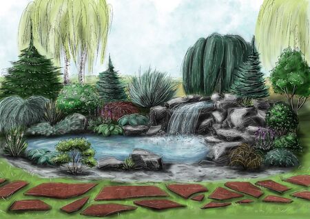 Landscape architecture design plan in the courtyard of the villa, country house, in the country. Visualization drawing picture sketch, 3d illustration - chic personal garden for a project design.の写真素材