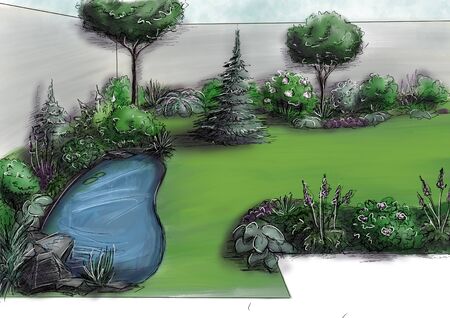 Landscape architecture design plan in the courtyard of the villa, country house, in the country. Visualization drawing picture sketch, 3d illustration - chic personal garden for a project design.の写真素材