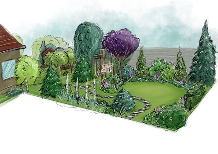 Landscape architecture design plan in the courtyard of the villa, country house, in the country. Visualization drawing picture sketch, 3d illustration - chic personal garden for a project design.の写真素材
