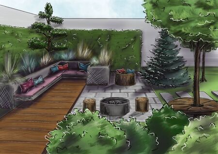 Landscape architecture design plan in the courtyard of the villa, country house, in the country. Visualization drawing picture sketch, 3d illustration - chic personal garden for a project design.の写真素材