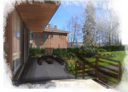 Landscape architecture design plan in the courtyard of the villa, country house, in the country. Visualization drawing picture sketch, 3d illustration - chic personal garden for a project design.の写真素材