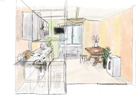 Interior of a modern cozy kitchen. Beautiful built-in furniture and kitchen appliances. Elegant atmosphere for a comfortable life. Illustration 3d - interior of residential premises for design project.の写真素材