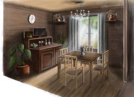 The interior of the apartment. Beautiful furniture in the room. Elegant atmosphere for a comfortable life. Visualization, drawing, picture, sketch, illustration 3d.の写真素材