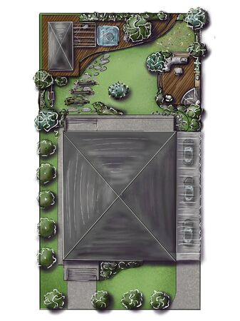Landscape architecture design plan in the courtyard of the villa, country house, in the country. Visualization drawing picture sketch, 3d illustration - chic personal garden for a project design.の写真素材