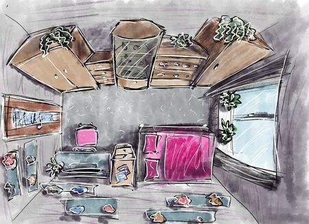 The interior of the apartment. Beautiful furniture in the room. Elegant atmosphere for a comfortable life. Visualization, drawing, picture, sketch, illustration 3d.の写真素材