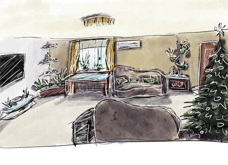 The interior of the apartment. Beautiful furniture in the room. Elegant atmosphere for a comfortable life. Visualization, drawing, picture, sketch, illustration 3d.の写真素材