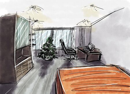 The interior of the apartment. Beautiful furniture in the room. Elegant atmosphere for a comfortable life. Visualization, drawing, picture, sketch, illustration 3d.の写真素材
