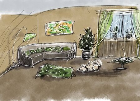 The interior of the apartment. Beautiful furniture in the room. Elegant atmosphere for a comfortable life. Visualization, drawing, picture, sketch, illustration 3d.の写真素材