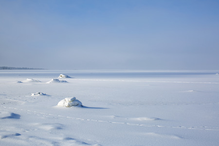 The frozen Gulf of Finland, covered with snow. Early morning. Hare traces.