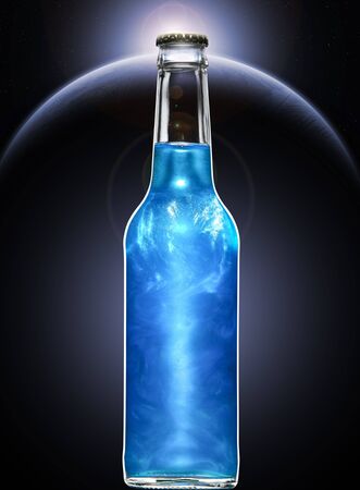 Blue carbonated alcoholic drink in a glass bottle saturated with food-grade pearlescent suspensionの写真素材