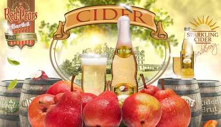 Advertising poster - ripe pears and pear cider. Mixed mediaの写真素材