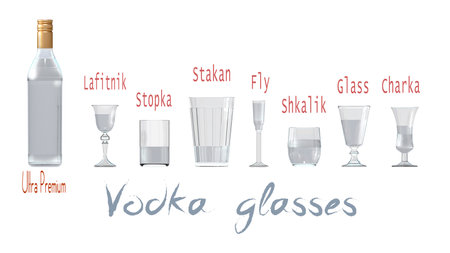 An illustration of the main types of vodka glasses. 3D renderingの写真素材