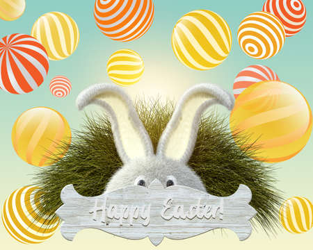 Easter greeting, easter bunny, grass and colorful balloons