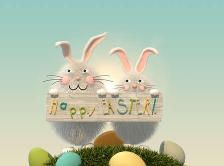 Easter greeting, hares and colorful easter eggs in the grass. 3D rendering