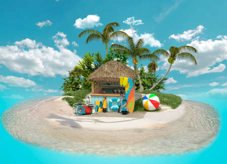 A hut with diving equipment and sports equipment on a tropical island. Tourist vacation concept. 3D renderingの写真素材