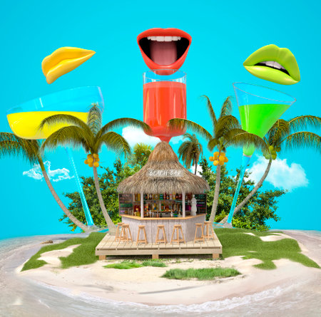 A bar on a tropical island, surrounded by palm trees and cocktail glasses. Resort vacation concept. 3D renderingの写真素材