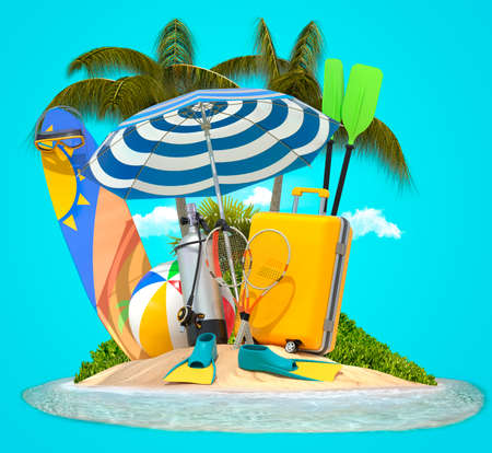The concept of a resort vacation - things and equipment of a tourist on a tropical island. 3D renderingの写真素材