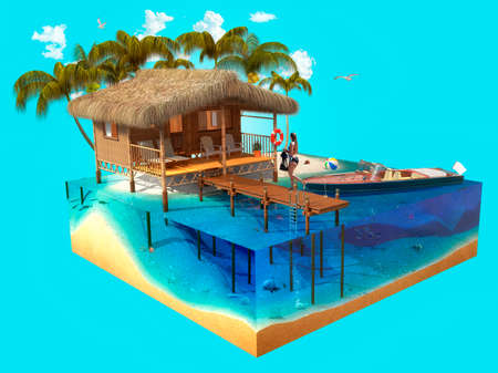 Bungalow and coconut trees on a tropical island. Tourist vacation concept. 3D renderingの写真素材