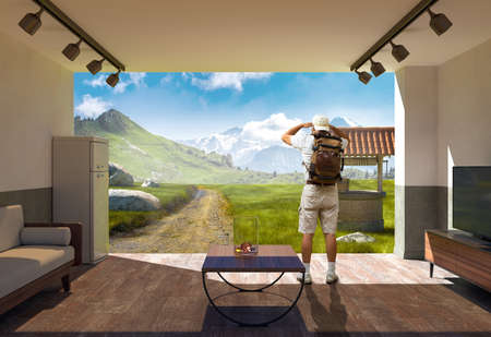 A man with a backpack looks into the distance. Travel concept. 3d rendering