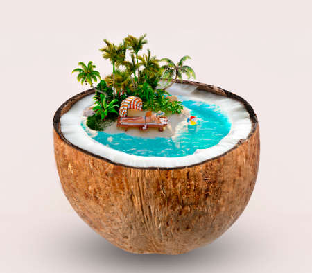 Cut in half coconut with tropical landscape inside - beach holiday concept. 3d renderingの写真素材