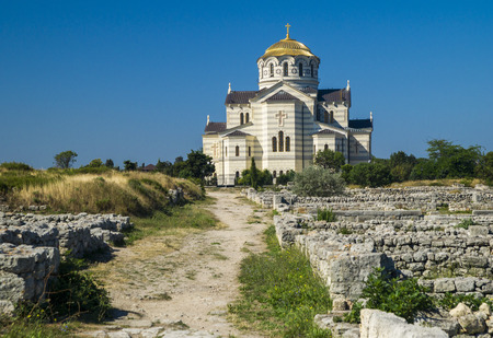 The Saint Vladimir Orthodox cathedral on the site of Chersonesos Taurica Sevastopol Crimeaの写真素材