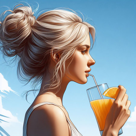beautiful young woman holding a glass of juice. Healthy eating diet organic products healthy lifestyleの素材
