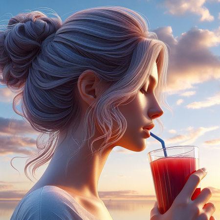 beautiful young woman holding a glass of juice. Healthy eating diet organic products healthy lifestyleの素材