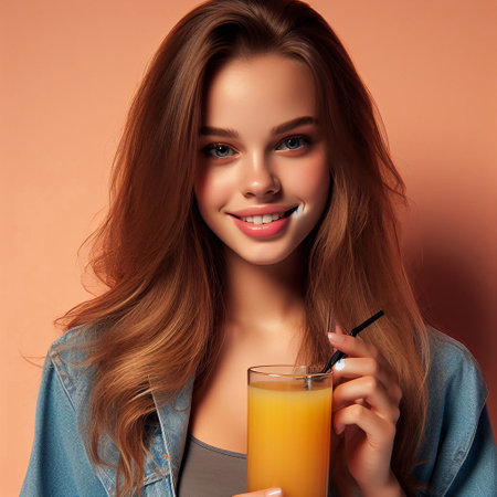 beautiful young woman holding a glass of juice. Healthy eating diet organic products healthy lifestyleの素材