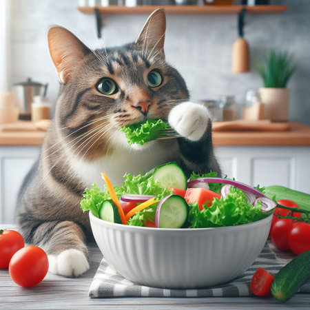 cat at the table with healthy wholesome food. Healthy eating diet organic products healthy lifestyleの素材