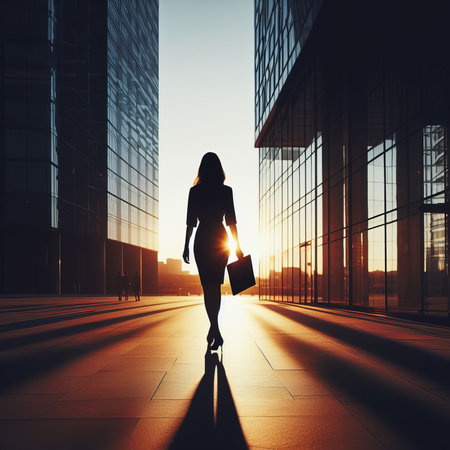 A business woman in a business suit with documents in his hand walks through the office of a business center in the rays of the setting sun, view from the backの素材