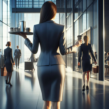 A business woman in a business suit walks through the office of a business center with a tray of coffee in his handの素材