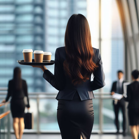 A business woman in a business suit walks through the office of a business center with a tray of coffee in his handの素材