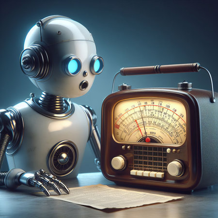 the robot looks at the vintage radio. Technologies of the past. Meeting of past and futureの素材