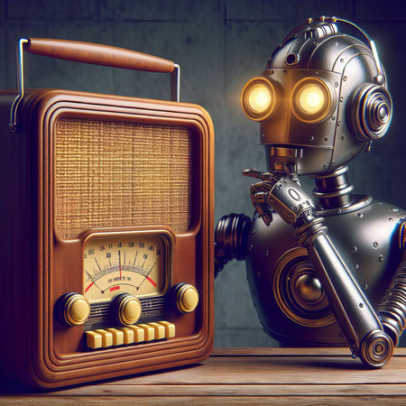 the robot looks at the vintage radio. Technologies of the past. Meeting of past and futureの素材