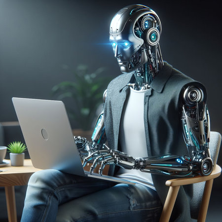 Robot-businessman freelancer using laptop computer in office. Technologies of today and futureの素材