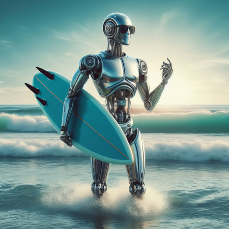 Robot with surfboard on the beach. 3d illustration.の素材