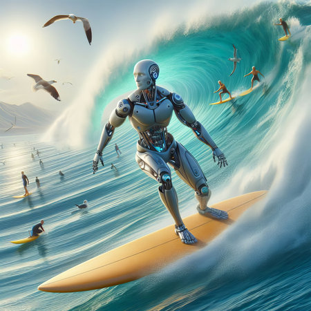 Robot with surfboard surfing in the sea. Enjoying life. Vacations lifestyle conceptの素材