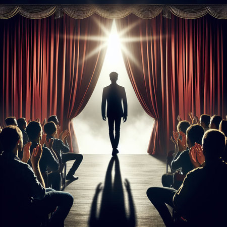 silhouette of a man from the back coming out from behind the scenes onto the stage, applauding the audience. The concept of success, freedom of choice, open mindの素材