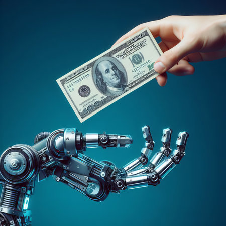 human hand giving money to robot hand. Pay for something. Hand holds dollar banknotes. Money investments. Giving money.の素材