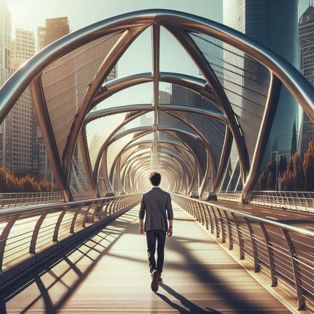 a man walks on a modern bridge without people in the middle of the cityの素材