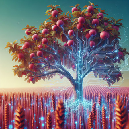 tree with connections of digital network lines on the branches. The concept of digital network Internet technologies, the connection of nature and modern technologyの素材