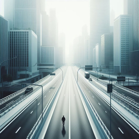 A man walks on a bridge in the middle of the city in the fogの素材
